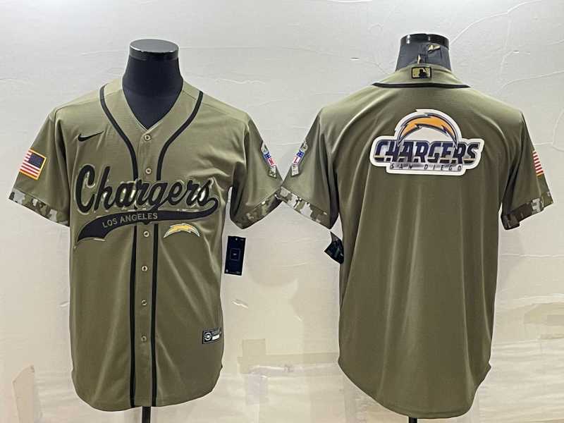 Mens Los Angeles Chargers Olive Salute to Service Team Big Logo Cool Base Stitched Baseball Jersey